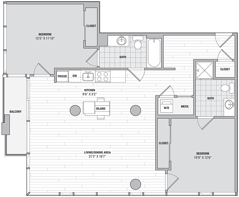 2 Bed 2 Bath L floor plan