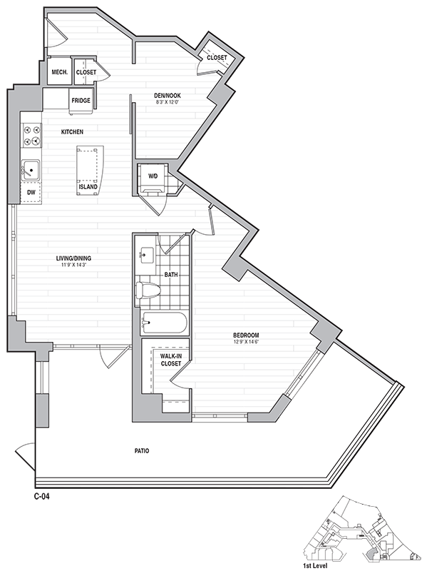 1 Bed 1 Bath Den 881 floor plan