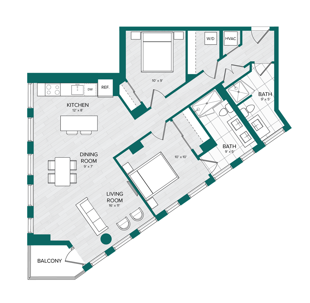 1 Bed 2 Bath Den-D7 floor plan