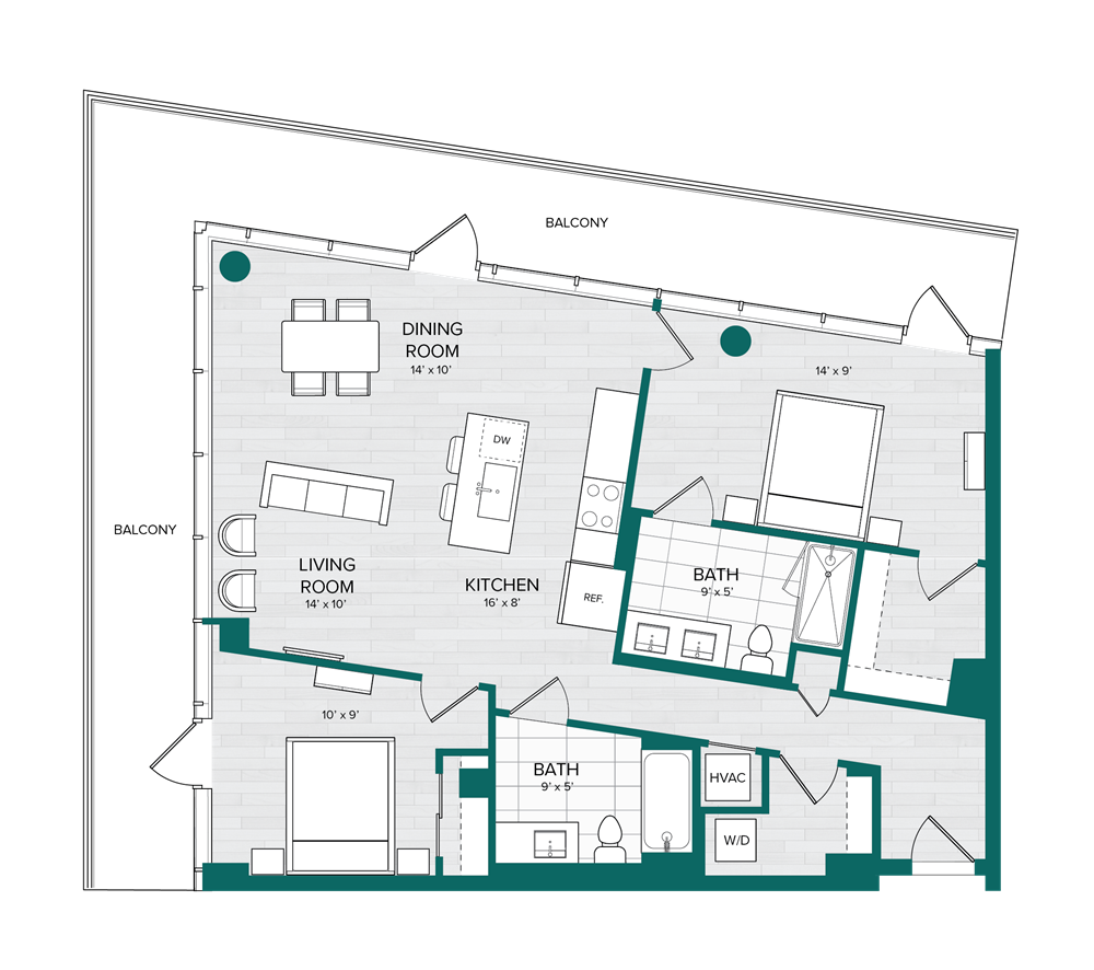 2 Bed 2 Bath-E5 floor plan