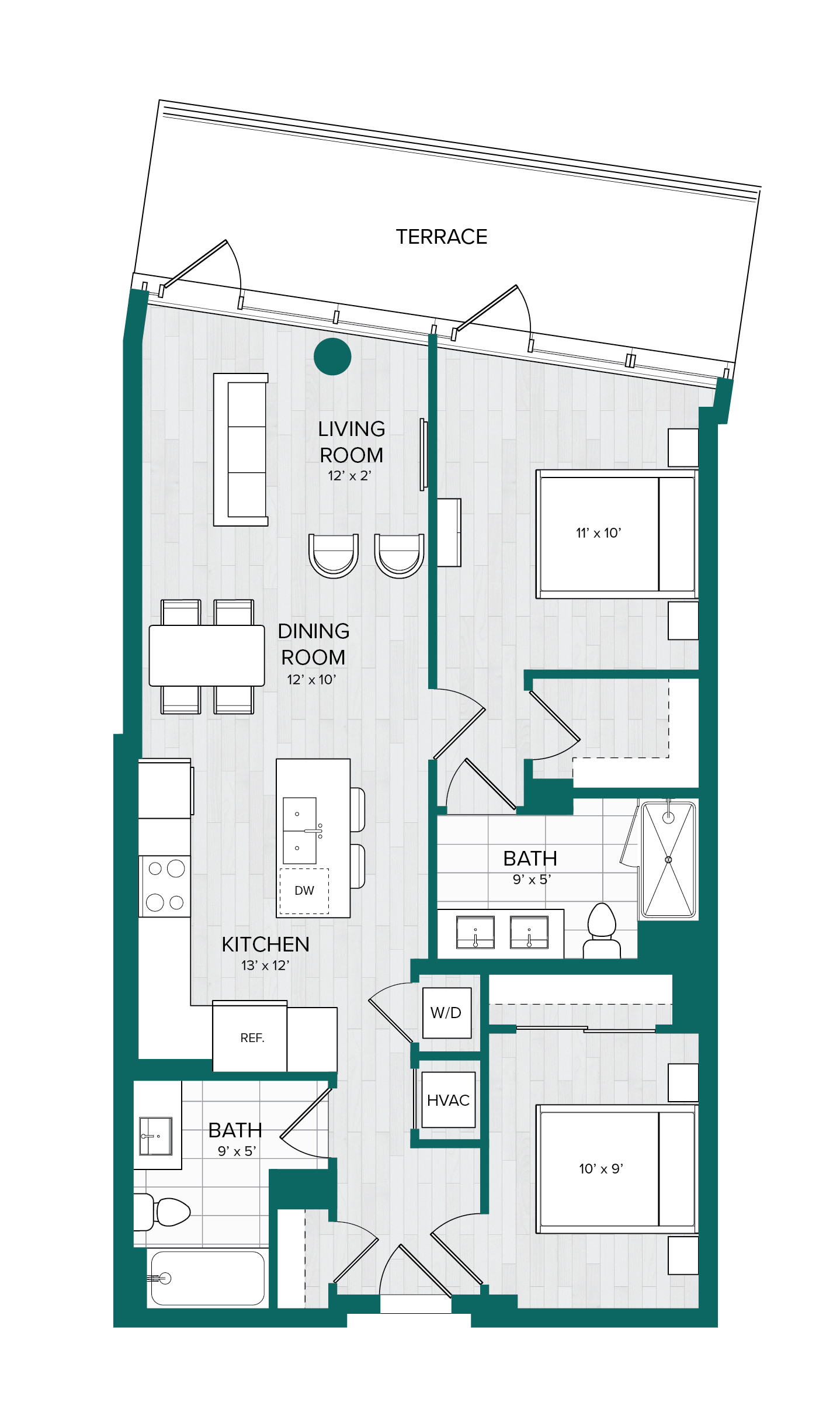 1 Bed 2 Bath Den-D11 floor plan