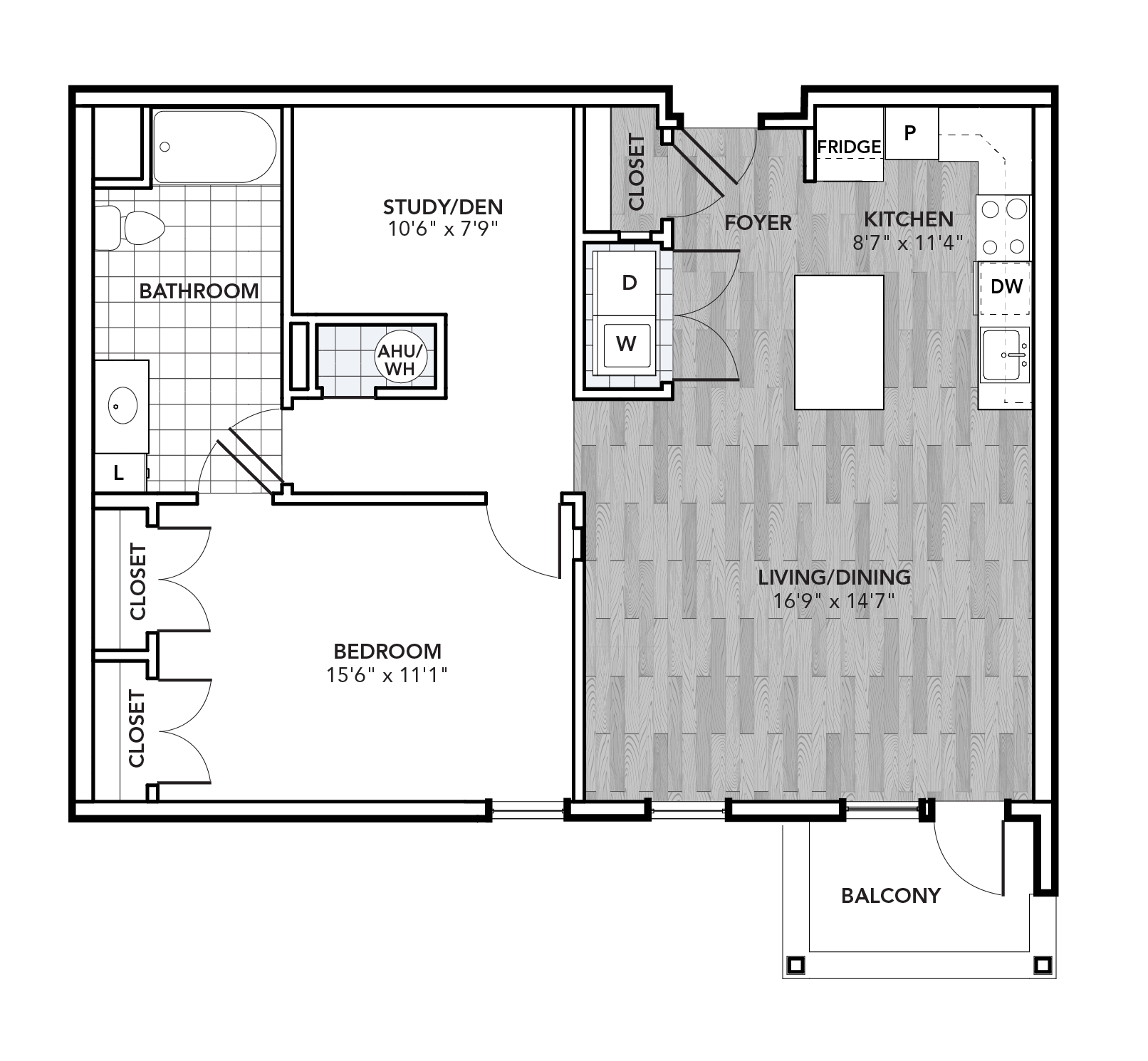 1 Bed 1 Bath with Den floor plan