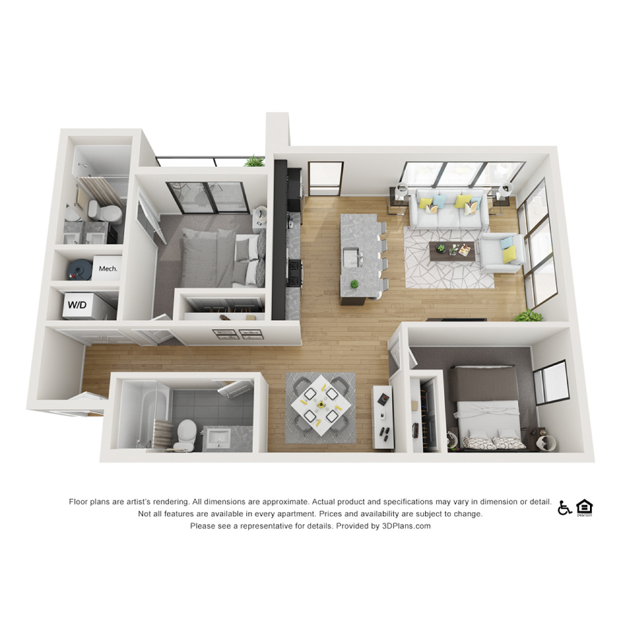 Rendering of the 2A floor plan with 2 bedroom[s] and 2 bathroom[s] at theRANDI