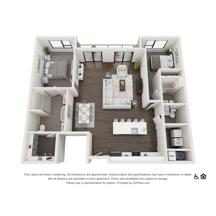 Rendering of the 2D floor plan with 2 bedroom[s] and 2.5 bathroom[s] at theRANDI
