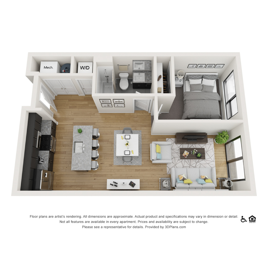 Rendering of the 1B floor plan with 1 bedroom[s] and 1 bathroom[s] at theRANDI