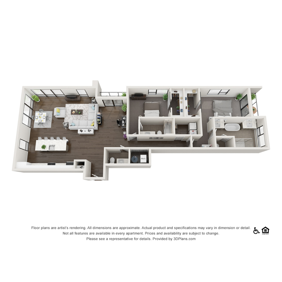 Rendering of the 2C floor plan with 2 bedroom[s] and 2.5 bathroom[s] at theRANDI