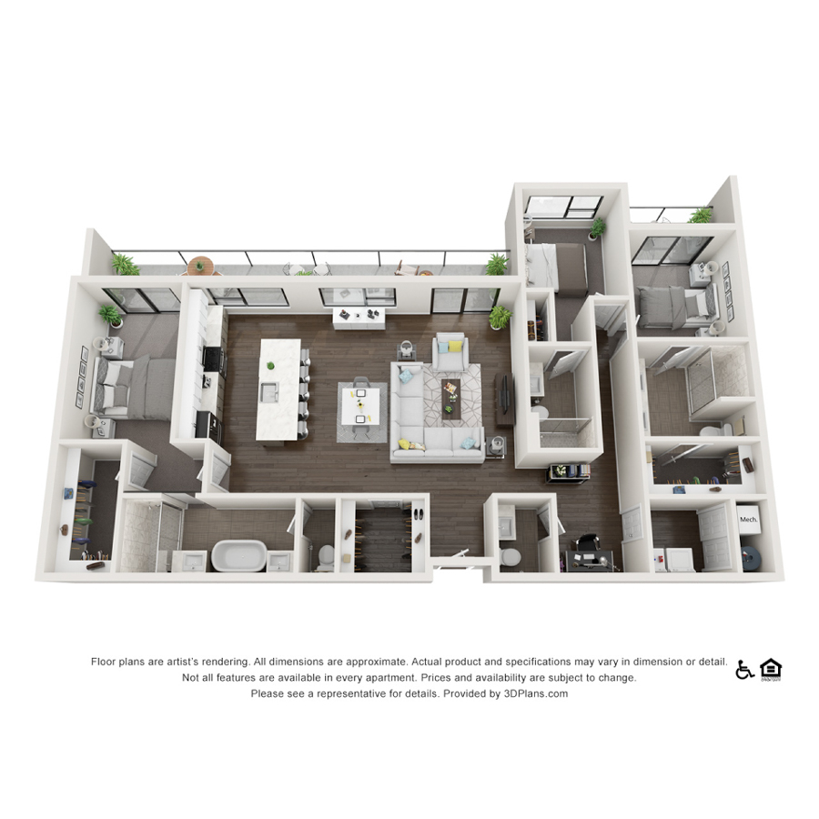 Rendering of the 3B floor plan with 3 bedroom[s] and 3.5 bathroom[s] at theRANDI
