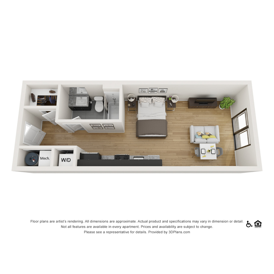 Rendering of the S1 floor plan with a Studio bedroom and 1 bathroom[s] at theRANDI