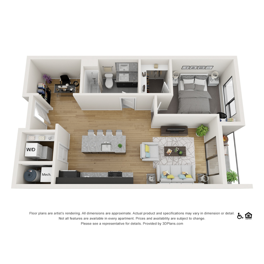 Rendering of the 1H floor plan with 1 bedroom[s] and 1 bathroom[s] at theRANDI