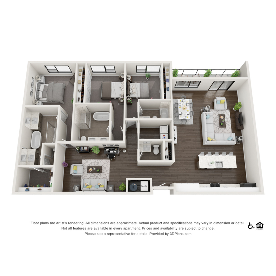Rendering of the 3C floor plan with 3 bedroom[s] and 3.5 bathroom[s] at theRANDI
