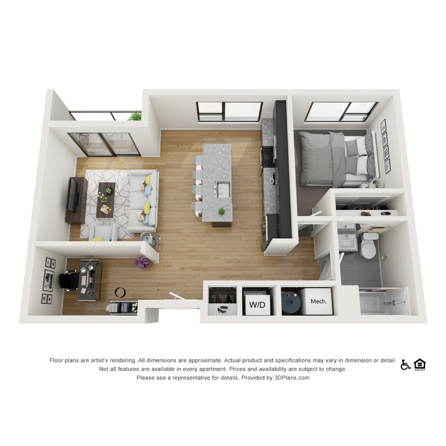 Rendering of the 1F floor plan with 1 bedroom[s] and 1 bathroom[s] at theRANDI