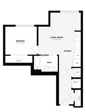 1 Bed/1 Bath JR-B9 East floor plan