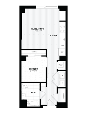 1 Bed/1 Bath JR-B6.2 TYPE A floor plan