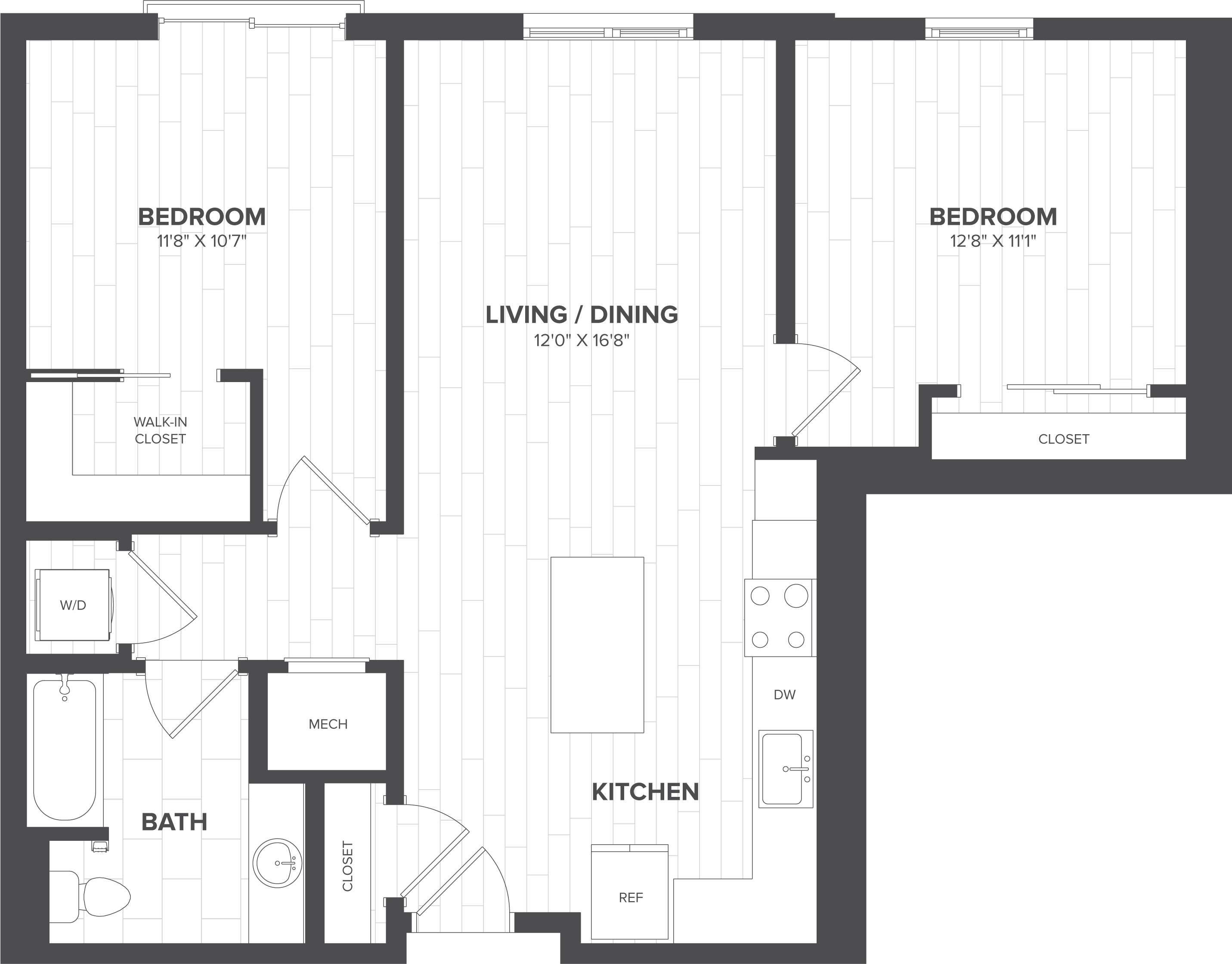 2 Bed-1 Bath-BA1 floor plan