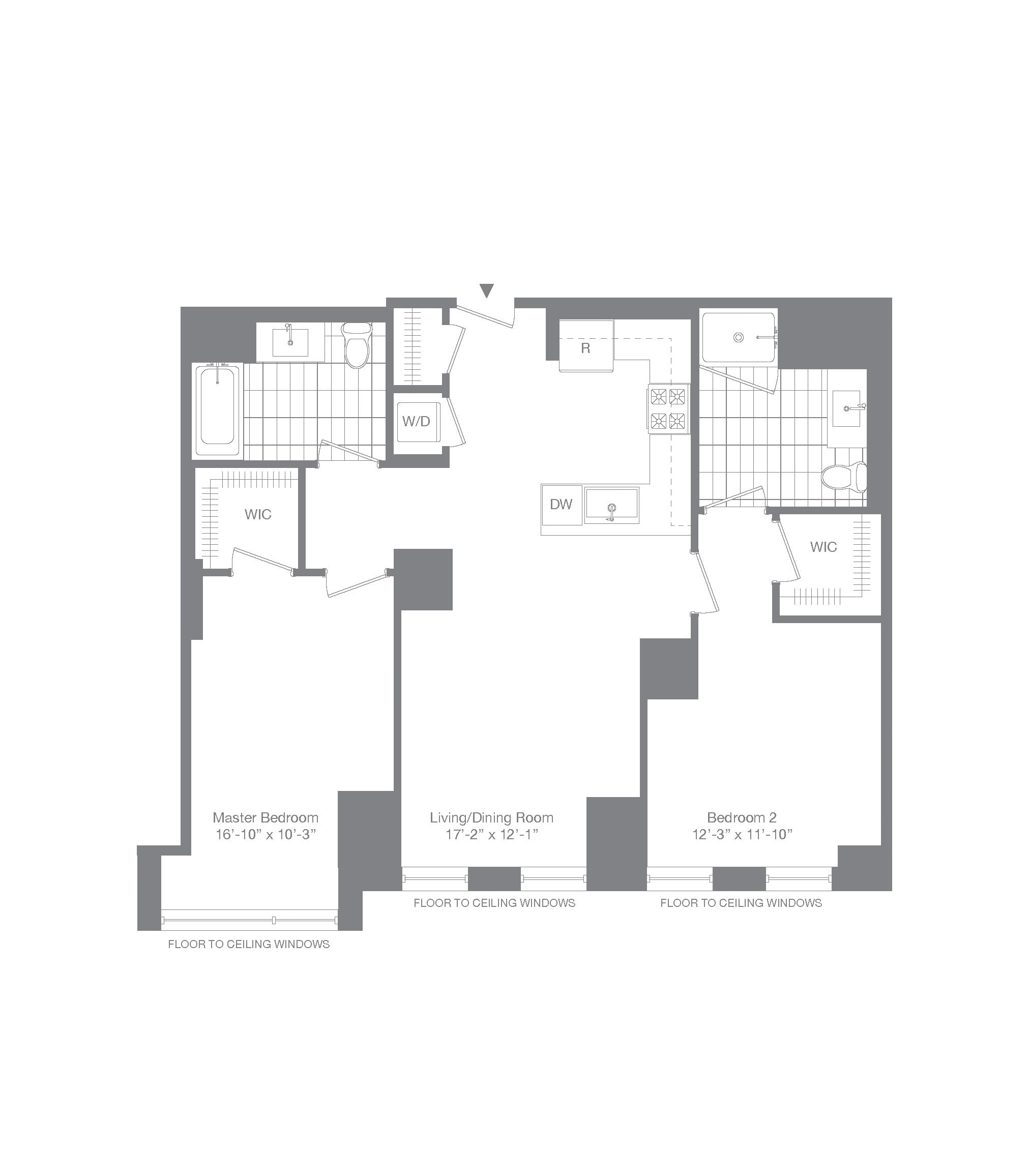 #0208 - 2 bedroom floorplan layout with 2 bathrooms and 1079 square feet