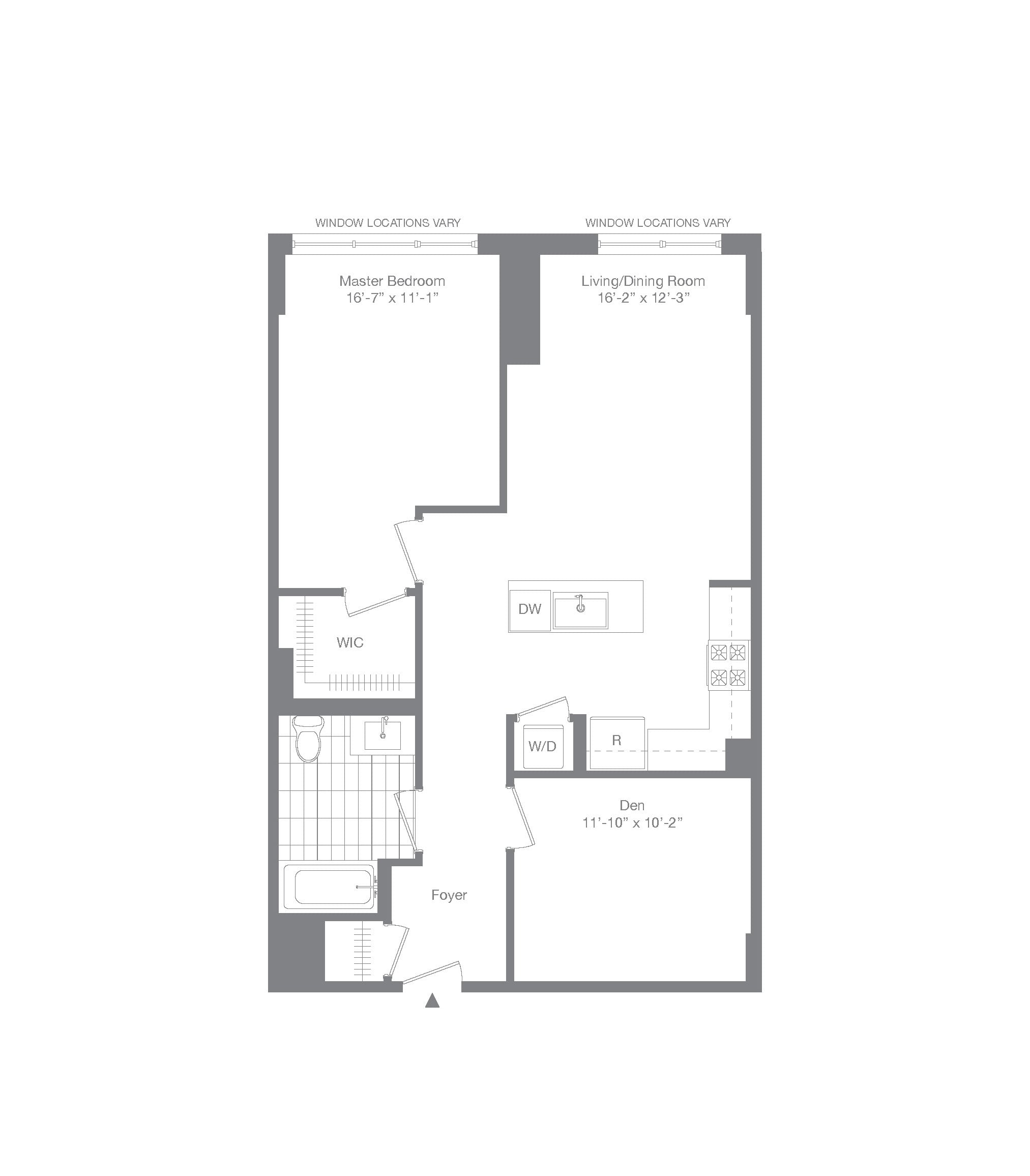 #0712 - 1 bedroom floorplan layout with 1 bathroom and 917 square feet