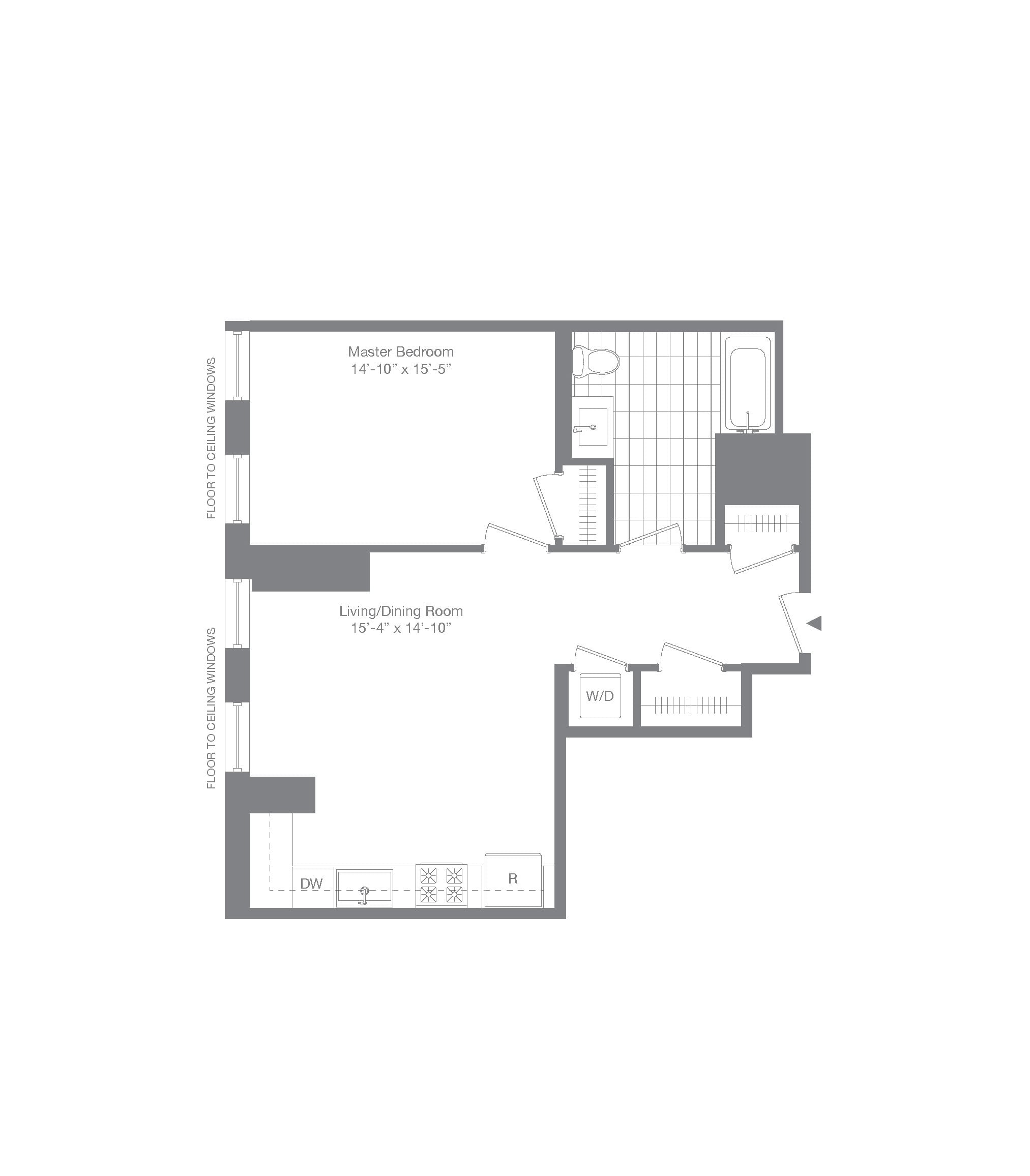#0205 - 1 bedroom floorplan layout with 1 bathroom and 709 square feet