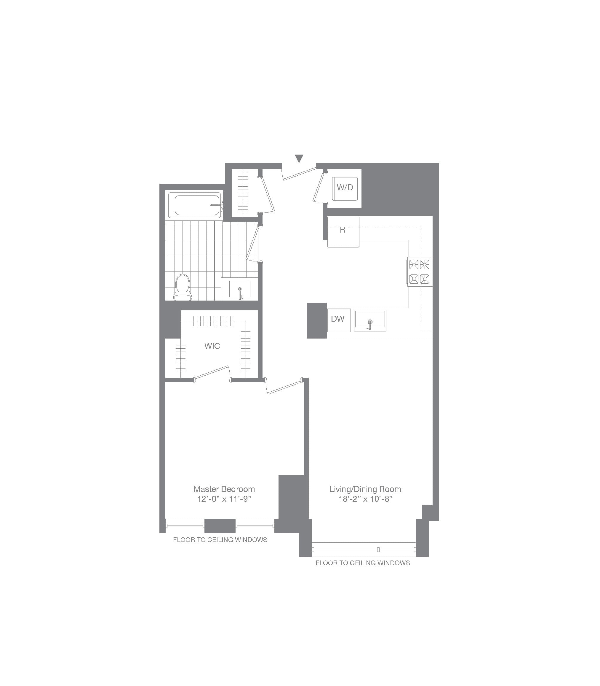 #0209 - 1 bedroom floorplan layout with 1 bathroom and 754 square feet