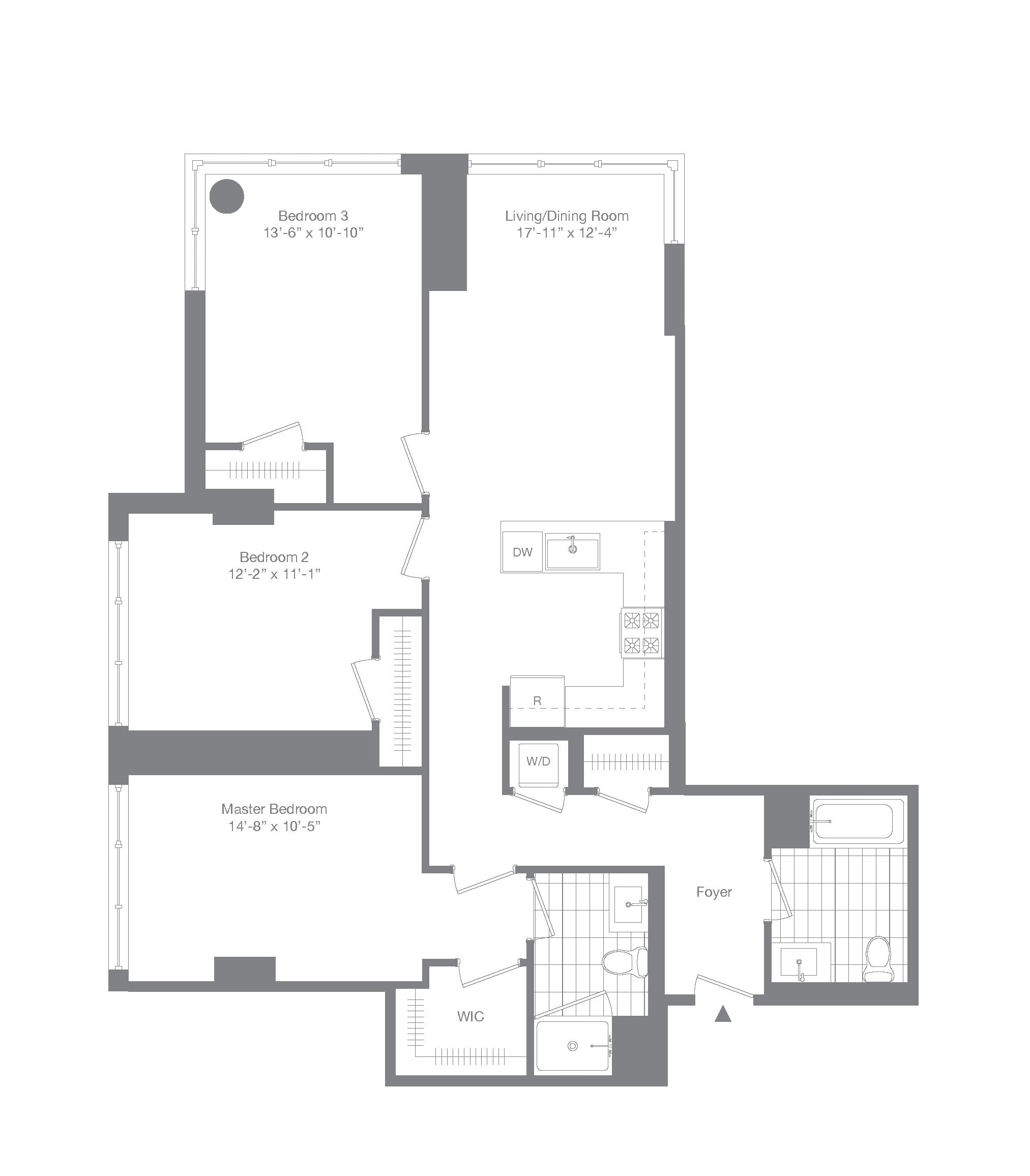 #0901 - 3 bedroom floorplan layout with 2 bathrooms and 1319 square feet
