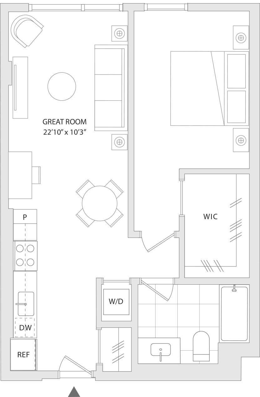 1 BR U floor plan