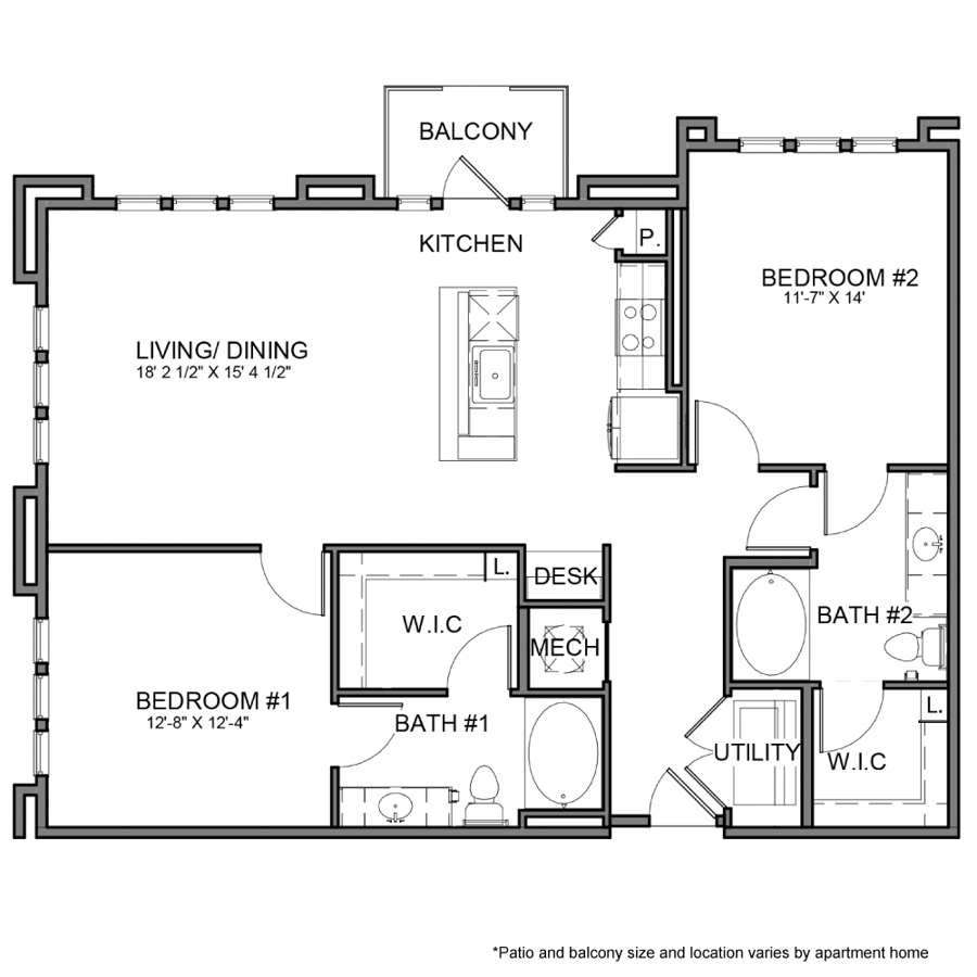 Rendering of the BE.B6 floor plan with 2 bedroom[s] and 2 bathroom[s] at The Beacon