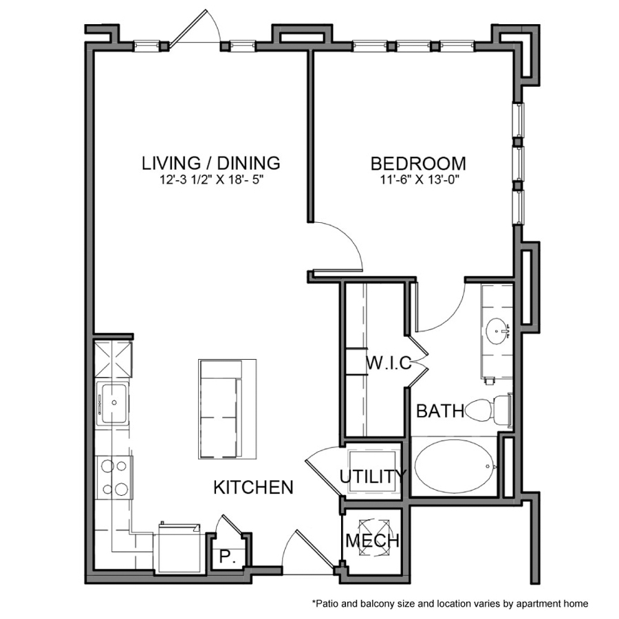 Rendering of the BE.A9 floor plan with 1 bedroom[s] and 1 bathroom[s] at The Beacon