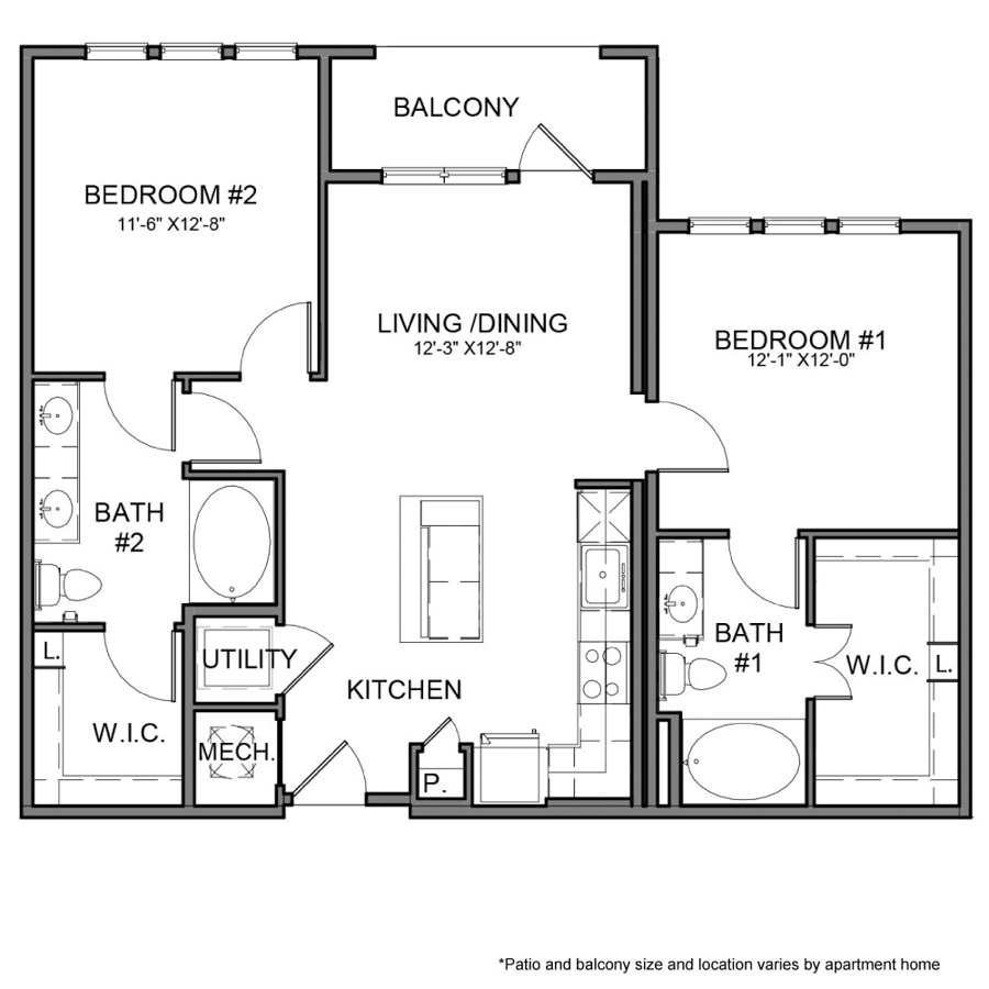 Rendering of the BE.B1 floor plan with 2 bedroom[s] and 2 bathroom[s] at The Beacon