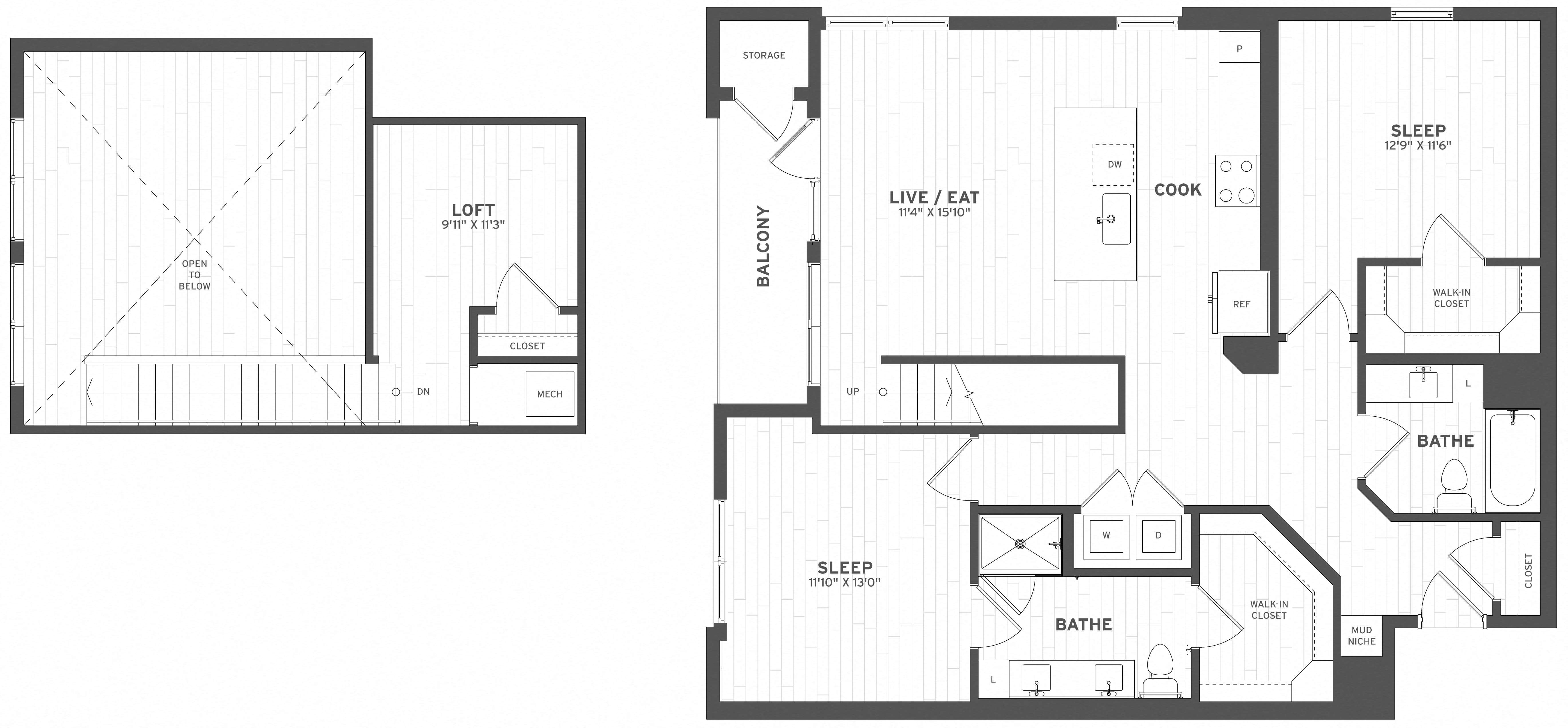 2 Bed/2 Bath Loft-B1L floor plan