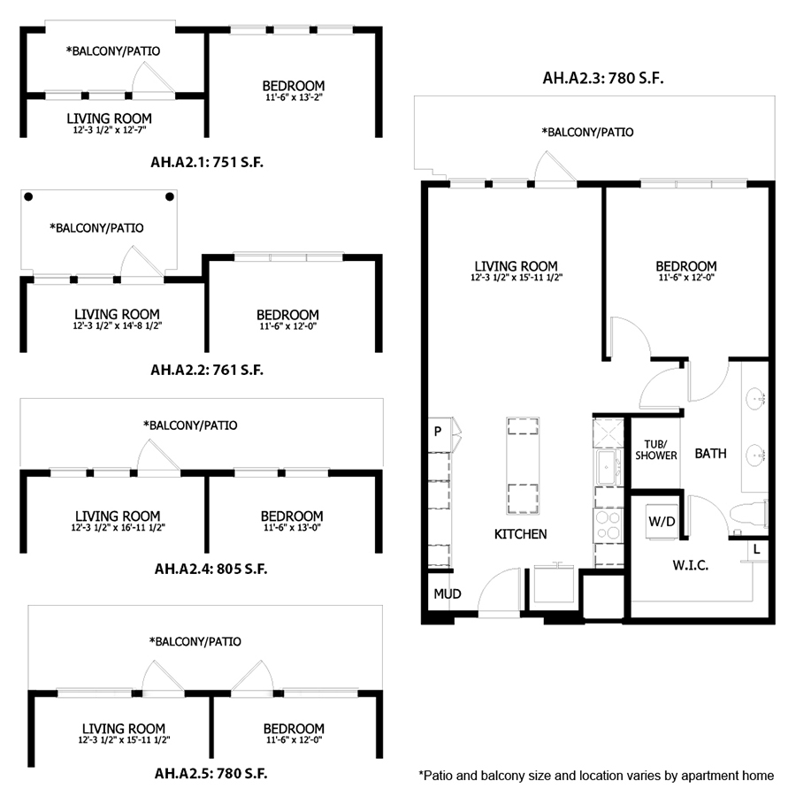 Rendering of the AH A2 floor plan with 1 bedroom[s] and 1 bathroom[s] at August Hills
