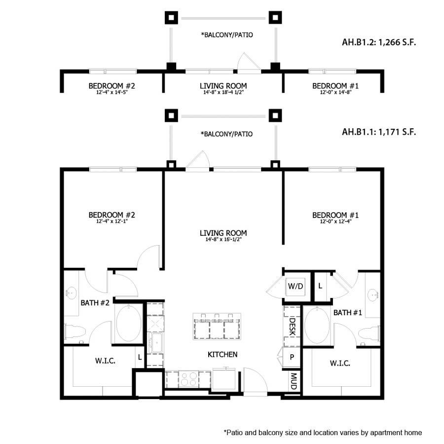 Rendering of the AH B1 floor plan with 2 bedroom[s] and 2 bathroom[s] at August Hills
