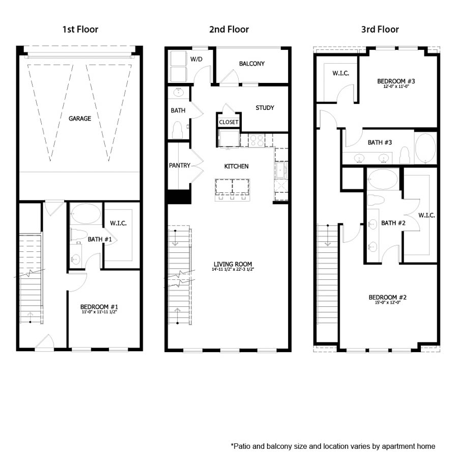 Rendering of the AH TH C1 floor plan with 3 bedroom[s] and 3.5 bathroom[s] at August Hills