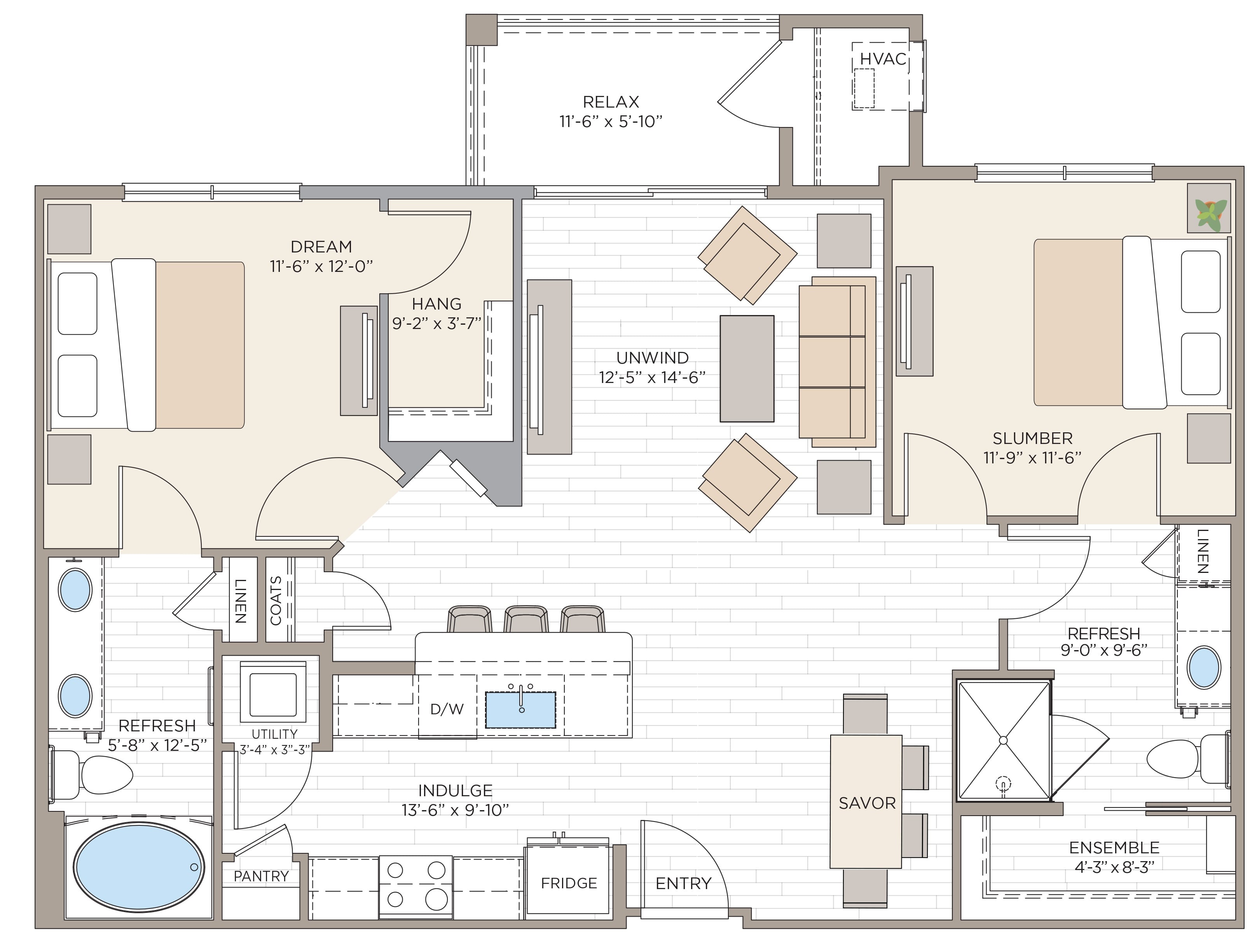 2 Bed/2 Bath-mB2A Income Restricted floor plan