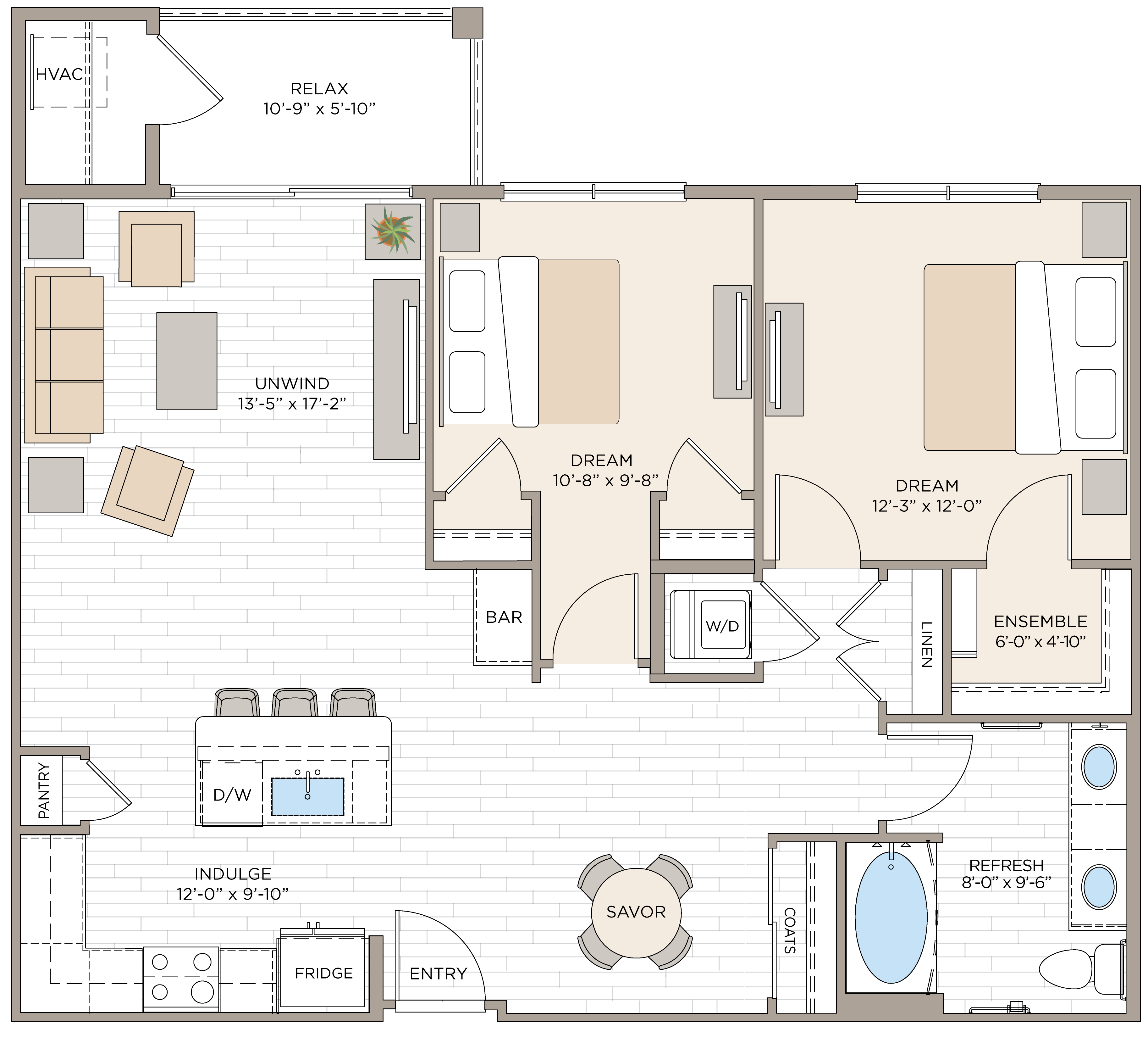 2 Bed/1 Bath-B1A floor plan