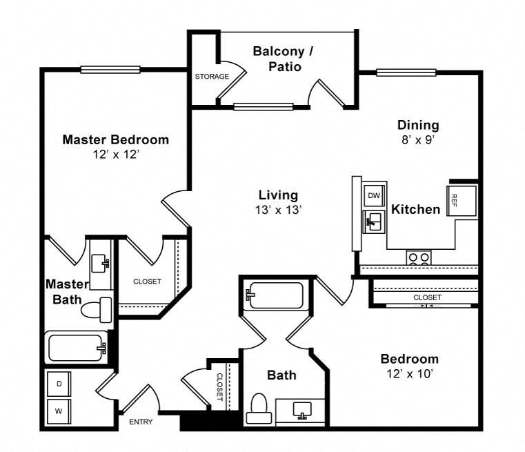 Rendering of the Dumbarton floor plan with 2 bedroom[s] and 2 bathroom[s] at Allegro at Jack London Square