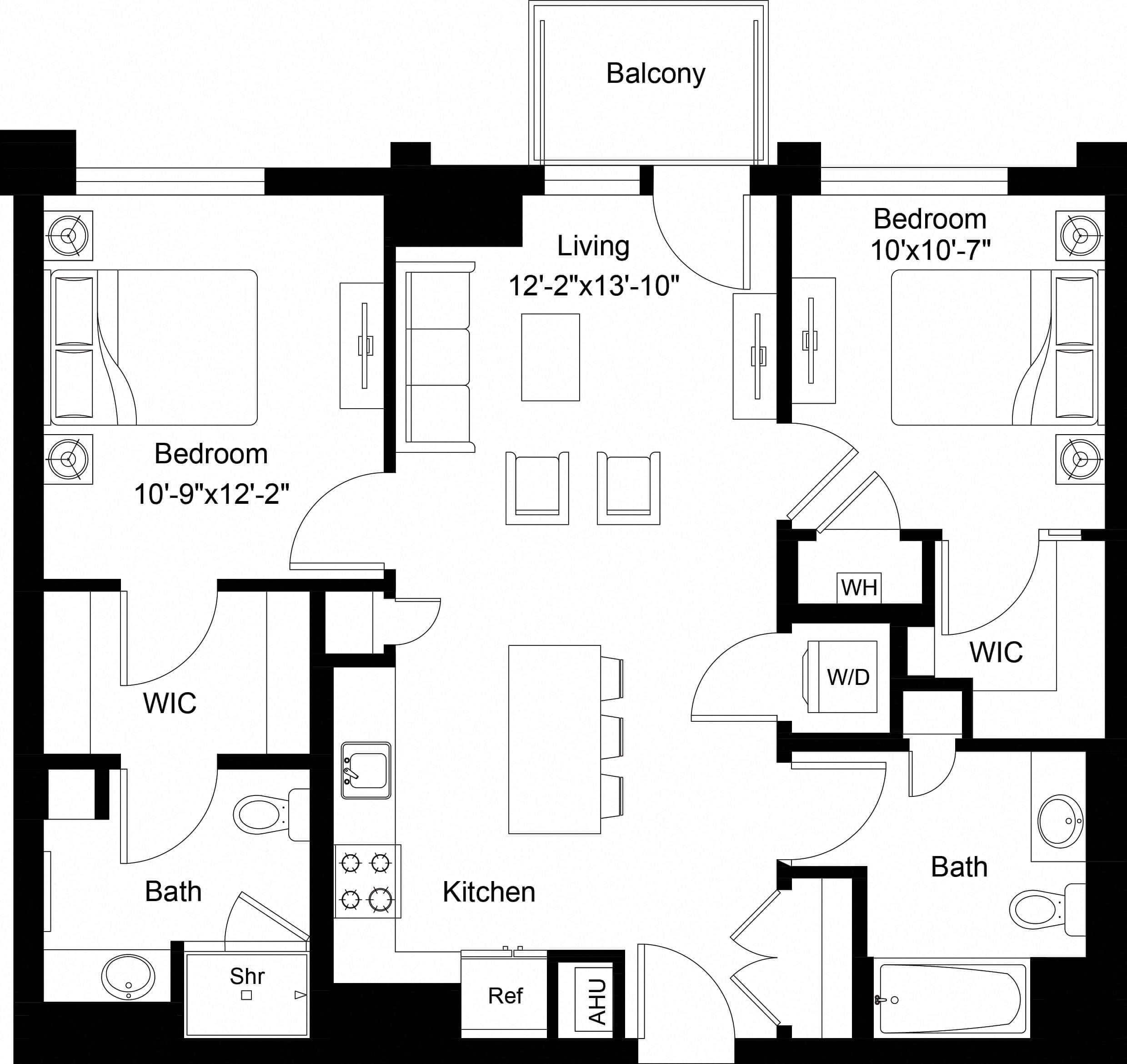 Rendering of the 2 Bed/2 Bath-B4 floor plan with 2 bedroom[s] and 2 bathroom[s] at The Laurent