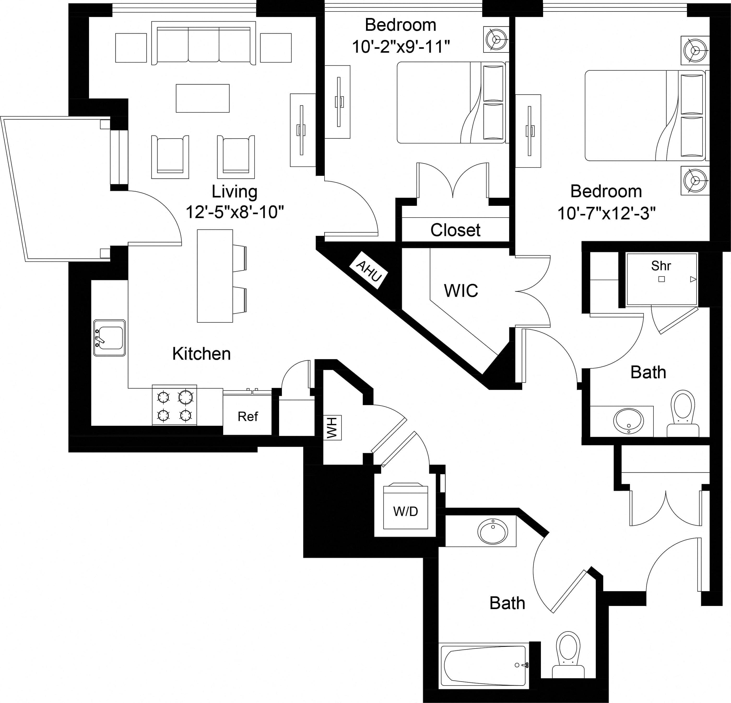 Rendering of the 2 Bed/2 Bath-B13 floor plan with 2 bedroom[s] and 2 bathroom[s] at The Laurent