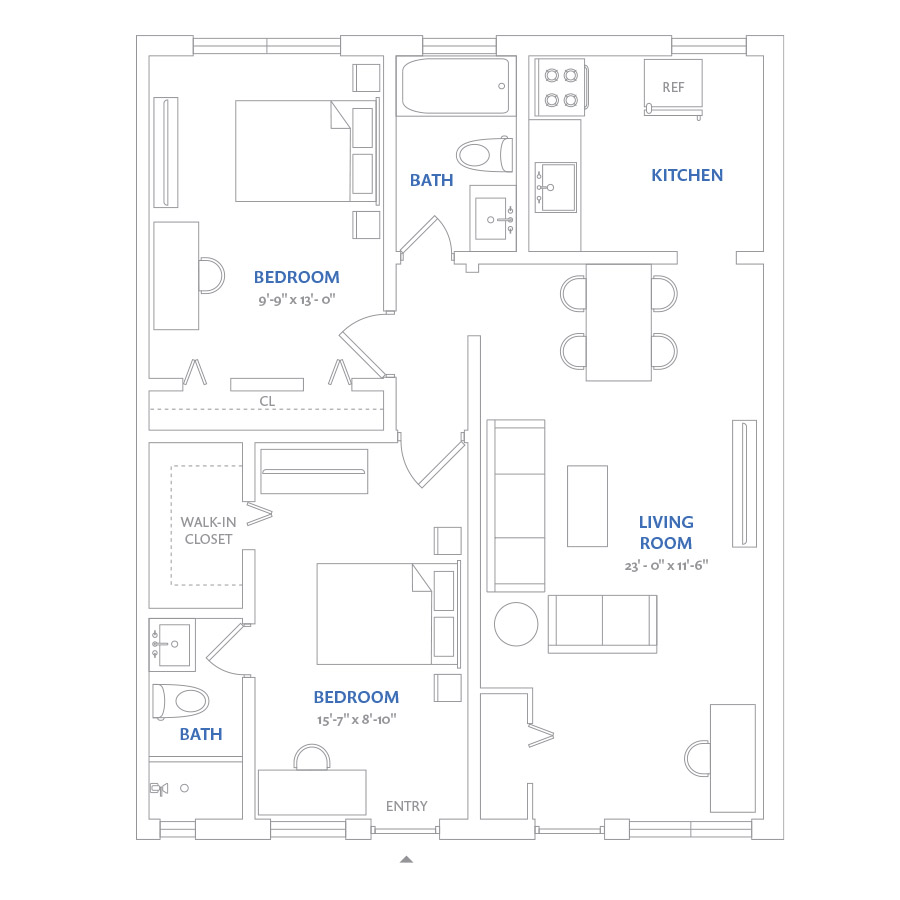 #NOR328 - 2 bedroom floorplan layout with 2 bathrooms and 862 square feet