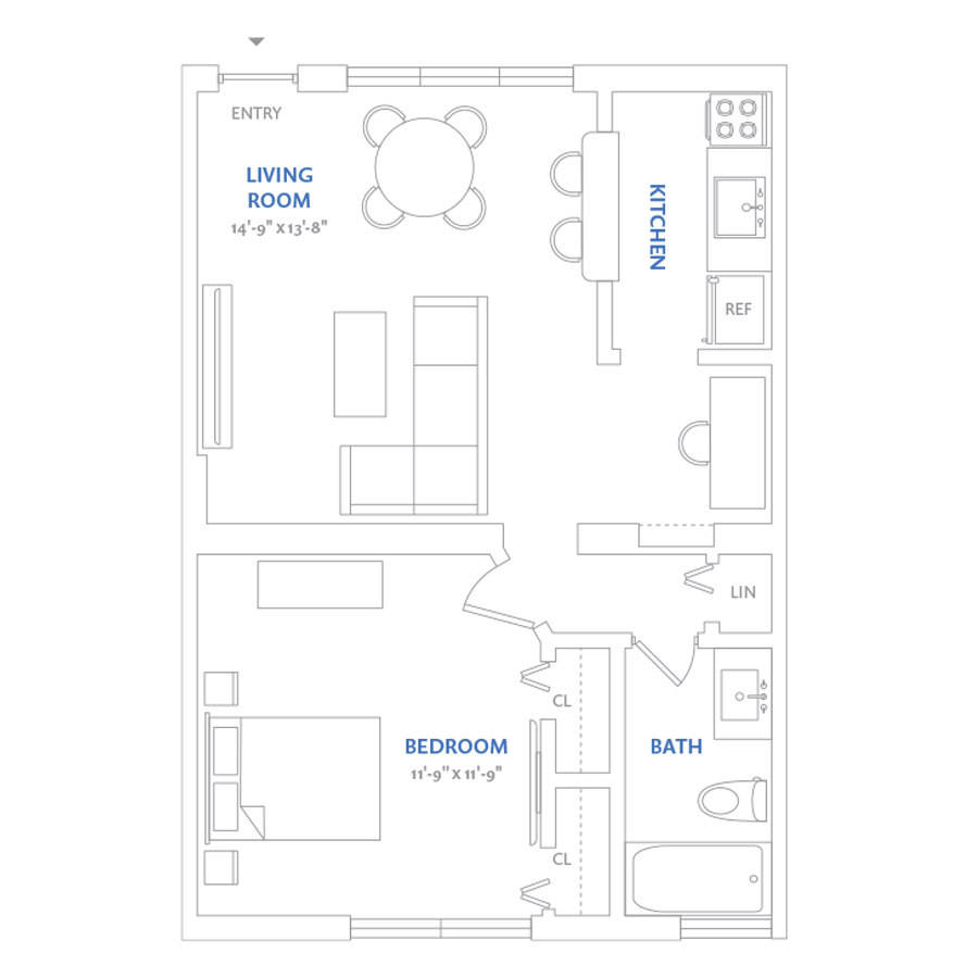 #NOR116 - 1 bedroom floorplan layout with 1 bathroom and 592 square feet