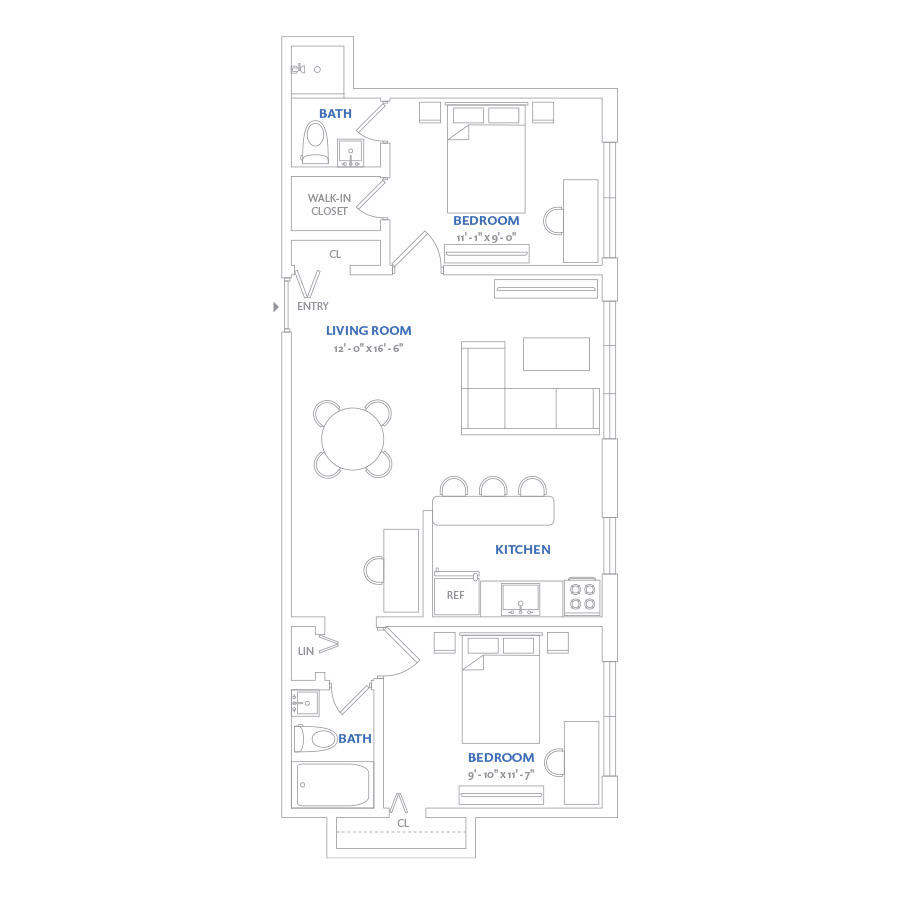 #NOR321 - 2 bedroom floorplan layout with 2 bathrooms and 698 square feet
