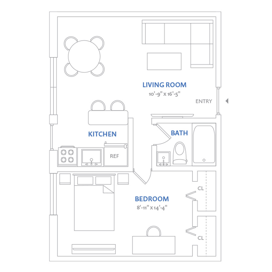 #NOR324 - 1 bedroom floorplan layout with 1 bathroom and 461 square feet