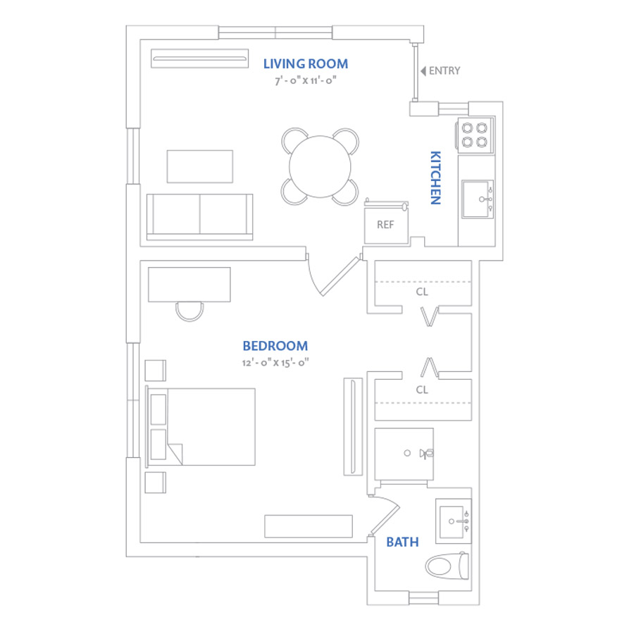 #NOR232 - 1 bedroom floorplan layout with 1 bathroom and 566 square feet