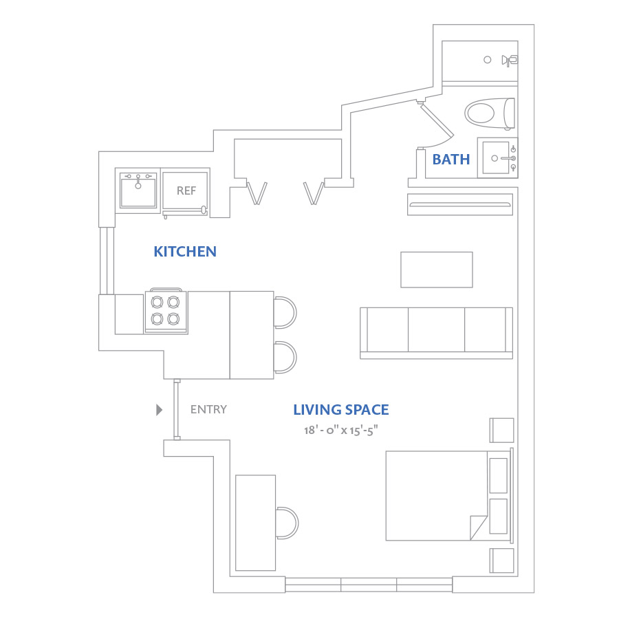 #NOR150 - Studio floorplan layout with 1 bathroom and 436 square feet