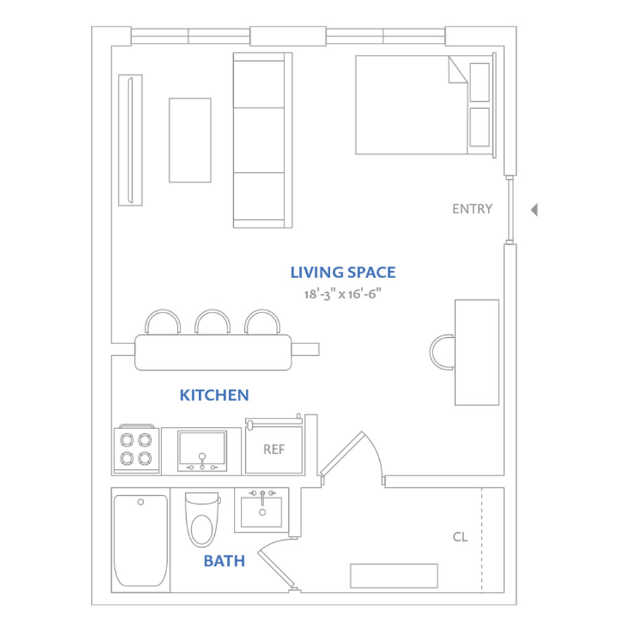 #NOR325 - Studio floorplan layout with 1 bathroom and 430 square feet