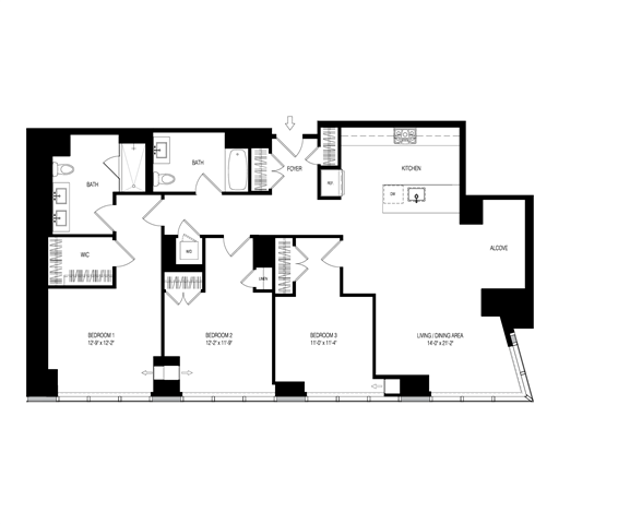 100 Park 3 Bed 2 Bath floor plan