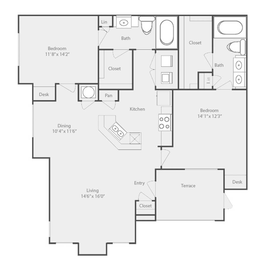 2 bed/ 2 bath Partial Upgrade floor plan