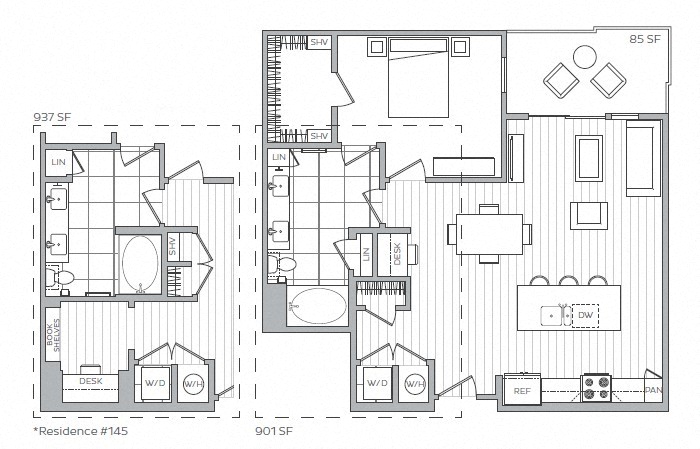 Rendering of the F floor plan with 1 bedroom[s] and 1 bathroom[s] at Windsor Mystic River