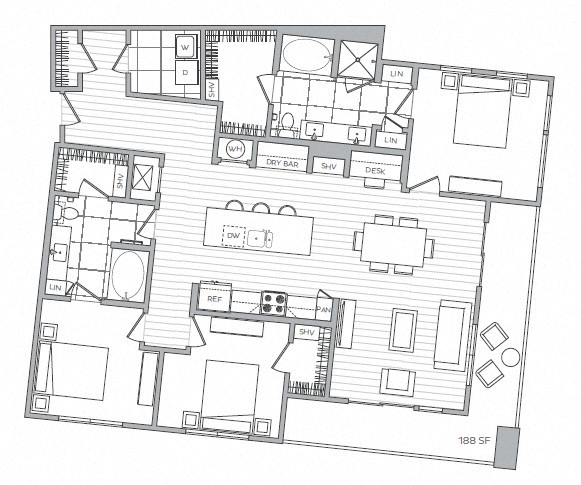 Rendering of the R floor plan with 3 bedroom[s] and 2 bathroom[s] at Windsor Mystic River