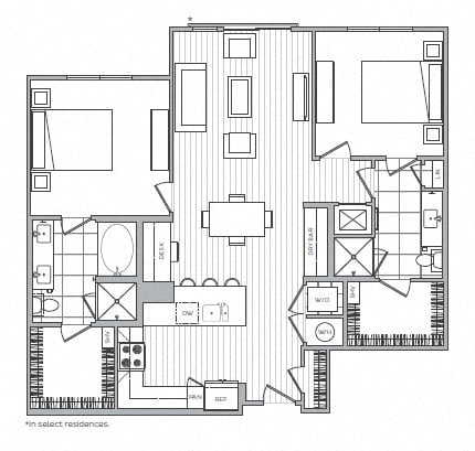 Rendering of the K floor plan with 2 bedroom[s] and 2 bathroom[s] at Windsor Mystic River