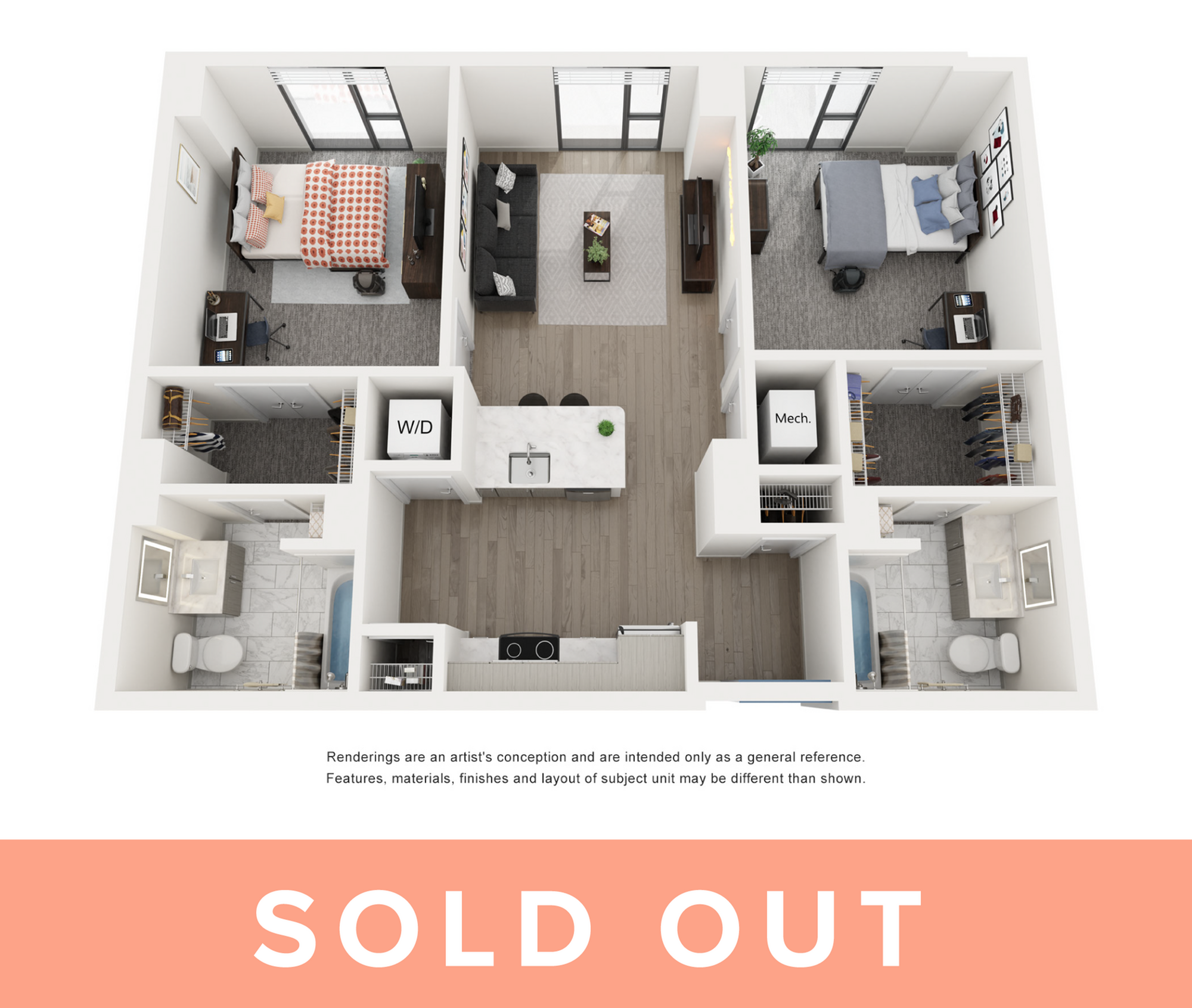 Rendering of the Capri C - 2BR/2BA floor plan with 2 bedroom[s] and 2 bathroom[s] at Lapis