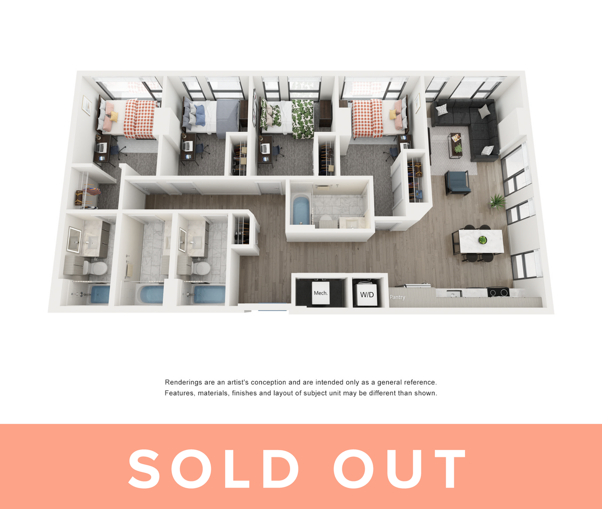 Rendering of the Opal A - 4BR/4BA floor plan with 4 bedroom[s] and 4 bathroom[s] at Lapis